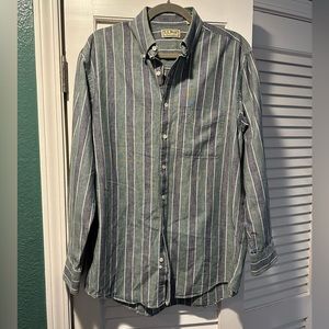 L. L. Bean casual green and blue stripped button down.